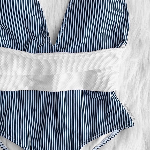 Blue white striped plunge wrap belt one piece - Picture 2 of 5